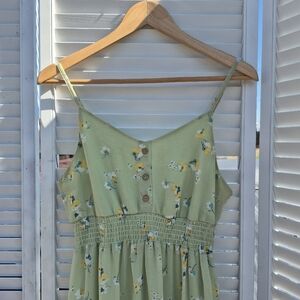 Cottage Core Dress Floral Green Sundress with Button Detail Womens Size L